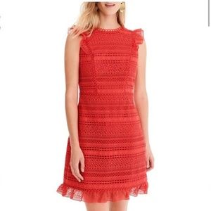 J.Crew Red Cap-Sleeve Ruffle Dress in Mixed Lace